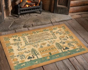 Homespun Colonial House Sampler Rug - Primitive Folk Art , Home Decor, Farmhouse Antique, Early American, Heirloom Textile, Handcrafted Gift