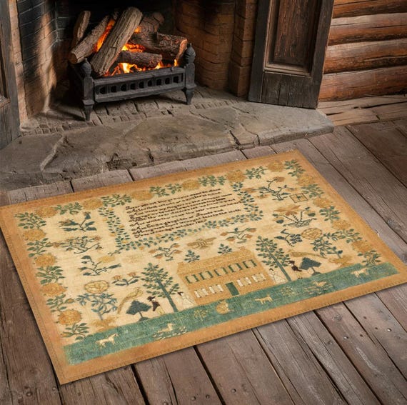 Homespun Colonial House Sampler Rug - Primitive Folk Art , Home Decor, Farmhouse Antique, Early American, Heirloom Textile, Handcrafted Gift