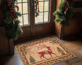 Primitive Reindeer Christmas Rug - Handcrafted Folk Art , Farmhouse Antique, Unique Home Decor, Early American, Heirloom Textile, Homespun