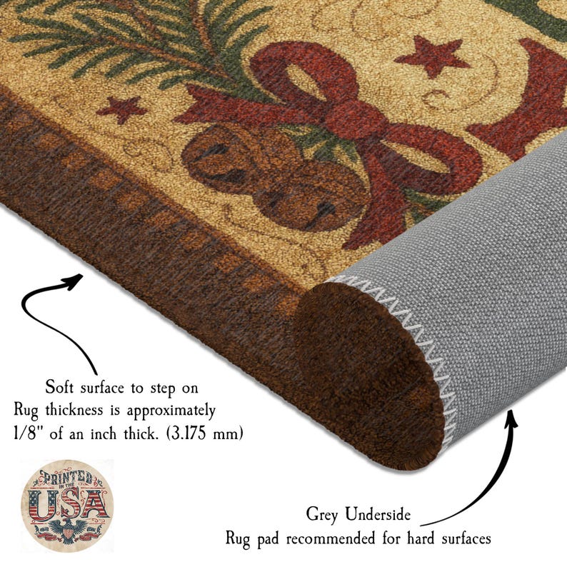 May include: A rectangular doormat with a festive design featuring a red bow, bells, stars, and greenery on a tan background. The rug has a brown border and a grey underside. The rug thickness is approximately 3.175 mm.