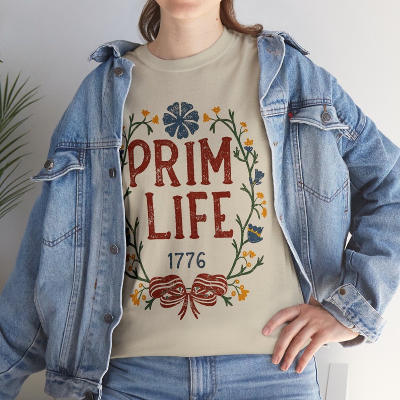 Prim Life Heavy Cotton Tee, Casual T-shirt top, Vintage-inspired, Graphic shirt, Antique clothing, Primitive apparel, Colonial design image 6