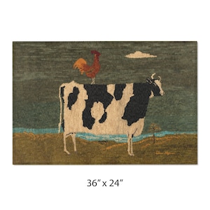 Folk Art Chicken and Cow Floor Rug - Primitive Design, Farmhouse Art ...