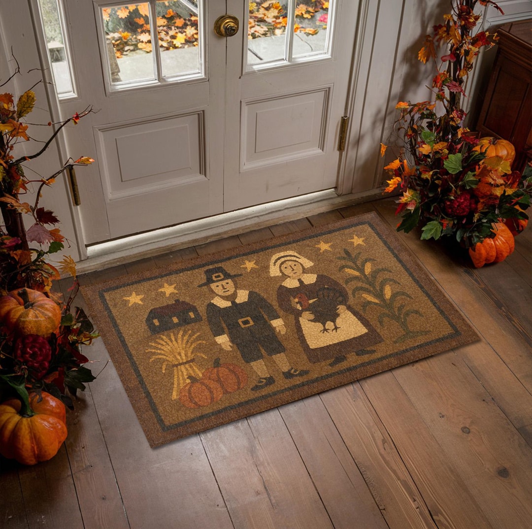 Turkey Cow Rug Colonial Pilgrim & Turkey Primitive Rug - Thanksgiving Decor, Folk Art ...