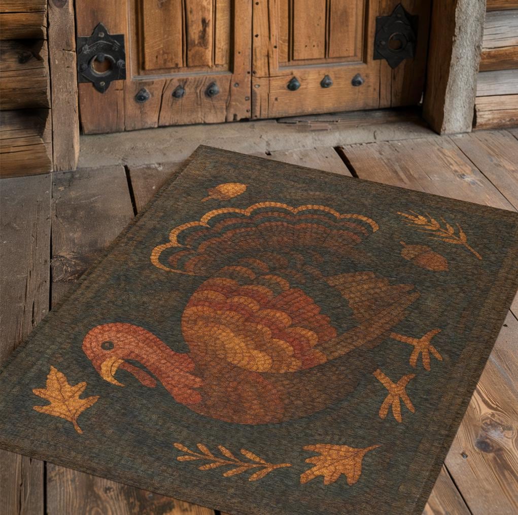 Turkey Cow Rug Primitive Thanksgiving Turkey Rug - Colonial Folk Art for Autumn ...