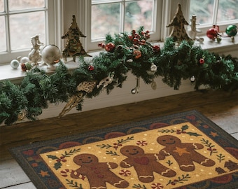 Primitive Gingerbread Trio Rug - Folk Art Christmas Mat, Colonial Kitchen Decor, Farmhouse Holiday, Winter Home Decor, Vintage Gingerbread