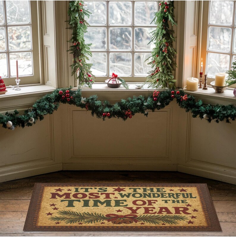 May include: A rectangular doormat with the text "IT'S THE MOST WONDERFUL TIME OF THE YEAR" in red, green, and gold. The mat features a festive design with stars, a pine branch, and a bow. The mat is placed in front of a window decorated with garland.