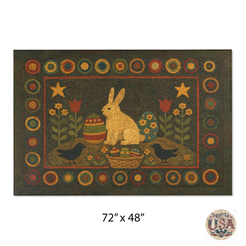 Easter Rug Design Primitive Easter Bunny Rug With Crows, Eggs & Tulips - Folk Art Spring ...