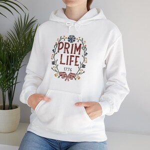 Prim Life Hooded Sweatshirt, Casual pullover top, Vintage-inspired, Graphic pullover, Antique sweater, Primitive apparel, Colonial hoodie image 5