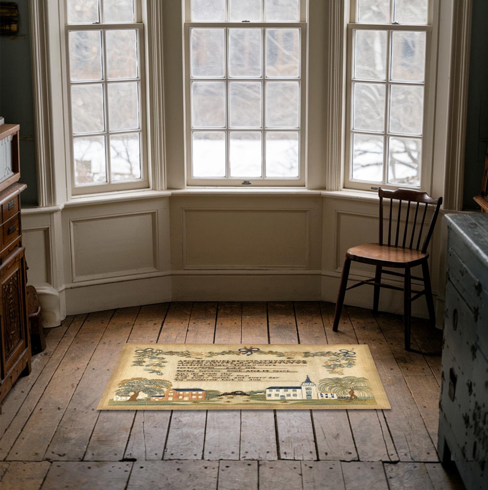 Colonial House and Church Sampler Rug - Primitive Folk Art , Home Decor ...