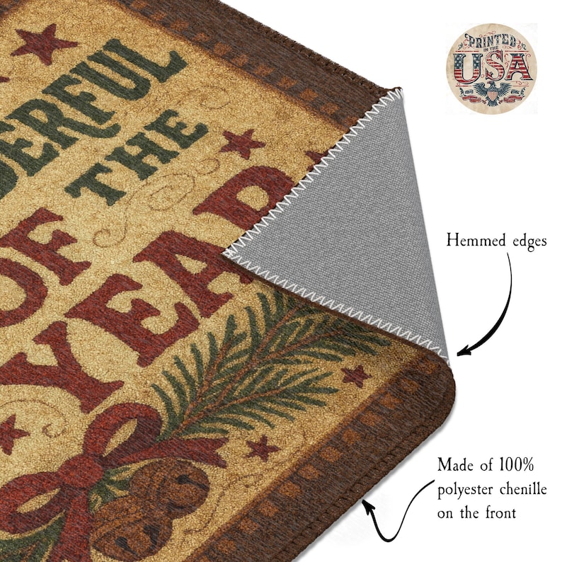 May include: A rectangular rug with the text "WONDERFUL OF THE YEAR" in red and green. The rug has a brown border and a beige background with Christmas-themed illustrations. The rug is made of 100% polyester chenille.