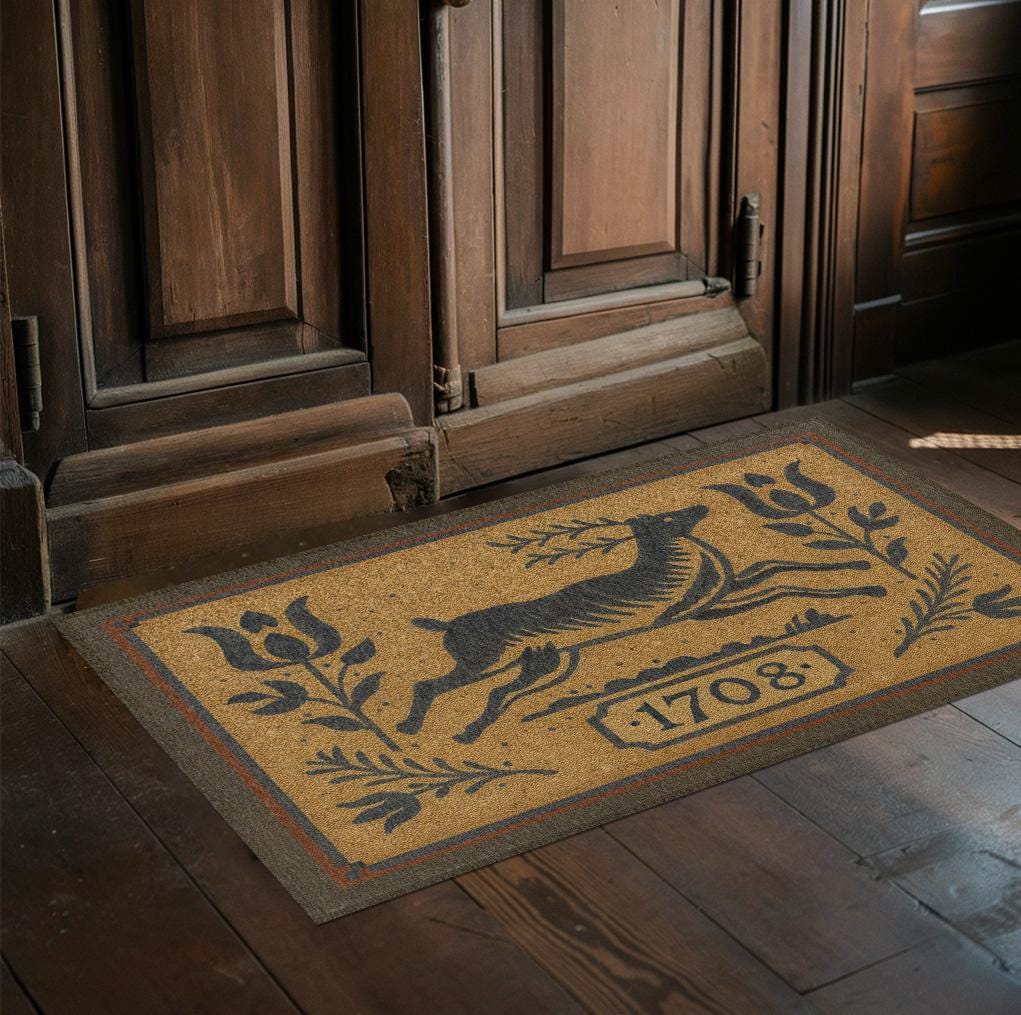 1708 Leaping Stag Primitive Rug - Rustic Colonial Deer, Folk Art, Early ...