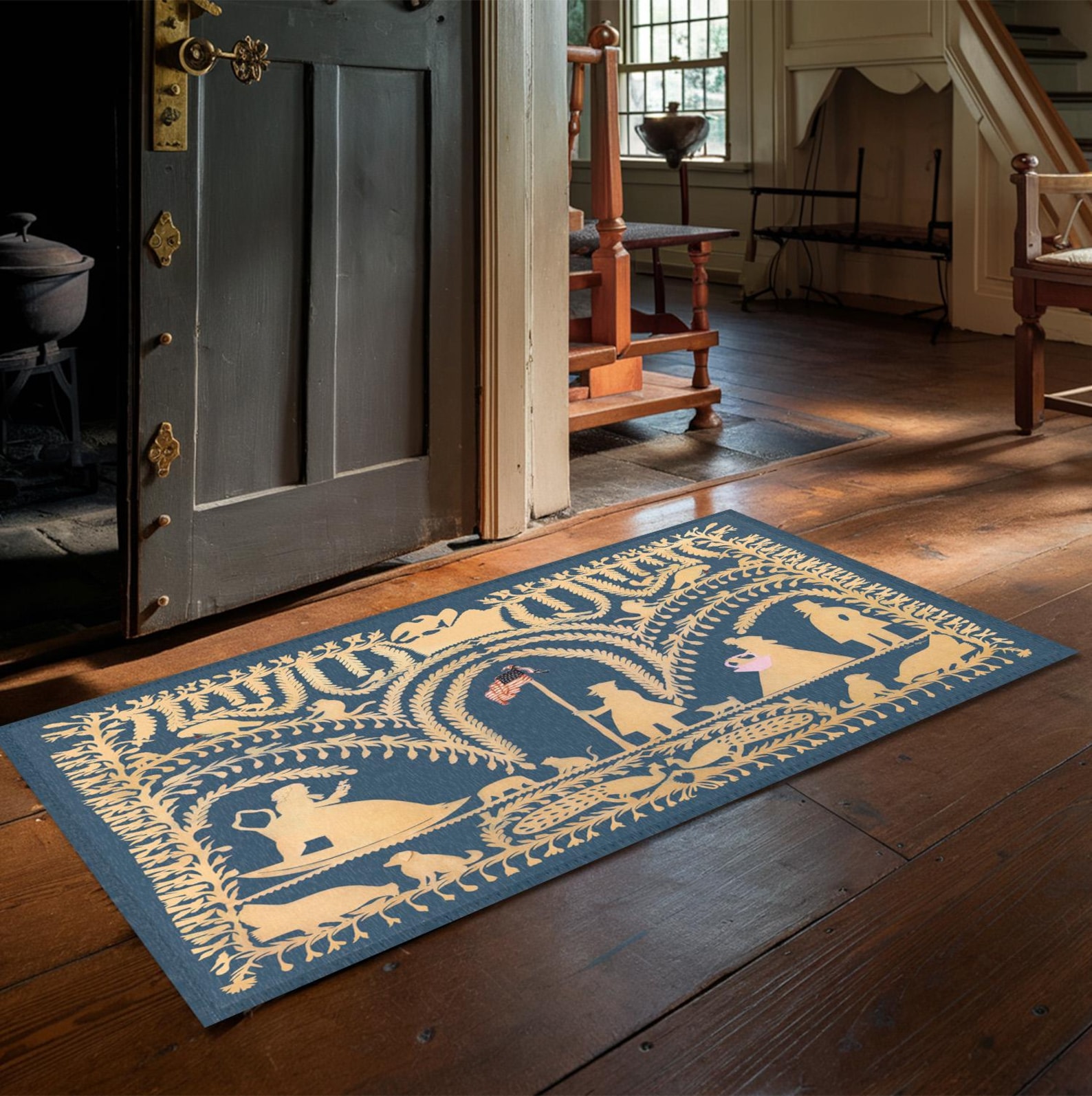 German Traditional Rug Traditional German American Blue Gray Cutwork Rug - 19th Century Folk ...