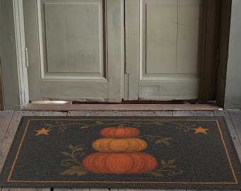 Handcrafted Primitive Stacked Pumpkins Folk Art Rug - Autumn Harvest, Colonial Floor Mat, Early American, Vintage Folk Art, Farmhouse Decor