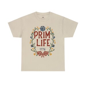 Prim Life Heavy Cotton Tee, Casual T-shirt top, Vintage-inspired, Graphic shirt, Antique clothing, Primitive apparel, Colonial design image 2