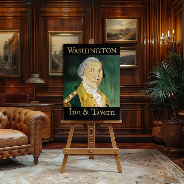 Enseigne George Washington Inn and Tavern, peinture à l'huile, tableau d'art folklorique, art mural colonial, impression primitive, toile, décoration vintage, portrait