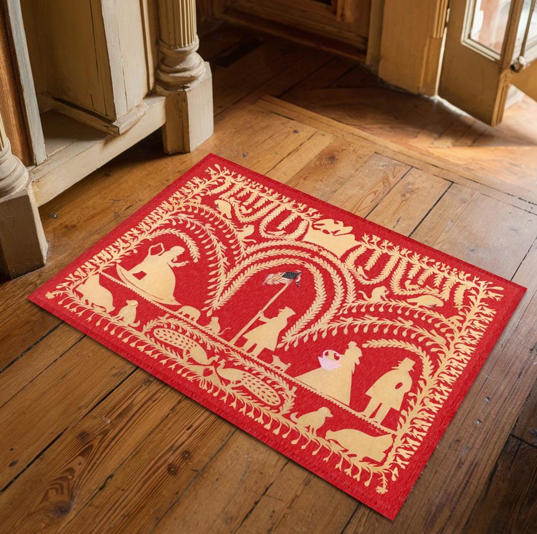German Rug Design Traditional German American Red Cutwork Rug - 19th Century Folk Art ...