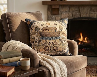Primitive Noah's Ark Woven Pillow - Colonial Farmhouse Animal Decor