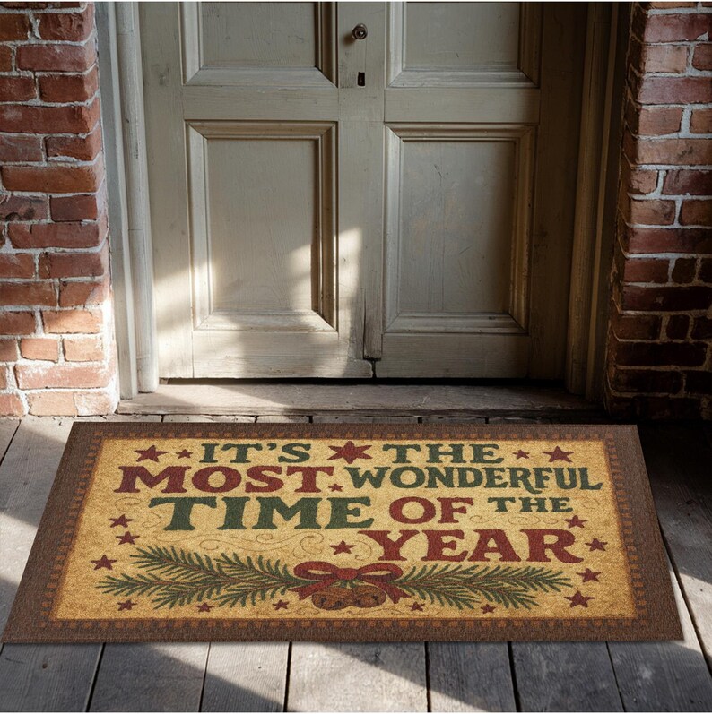May include: A rectangular doormat with the text "IT'S THE MOST WONDERFUL TIME OF THE YEAR" in red, green, and gold. The mat features a festive design with stars, pine branches, and bells, perfect for the holiday season.