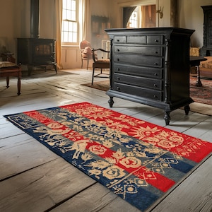 Pennsylvania Dutch Fraktur Folk Art Rug 1849 - Handcrafted Primitive, Farmhouse Antique Art, Unique Home Decor, Early American, Heirloom