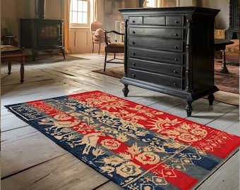 Pennsylvania Dutch Fraktur Folk Art Rug 1849 - Handcrafted Primitive, Farmhouse Antique Art, Unique Home Decor, Early American, Heirloom