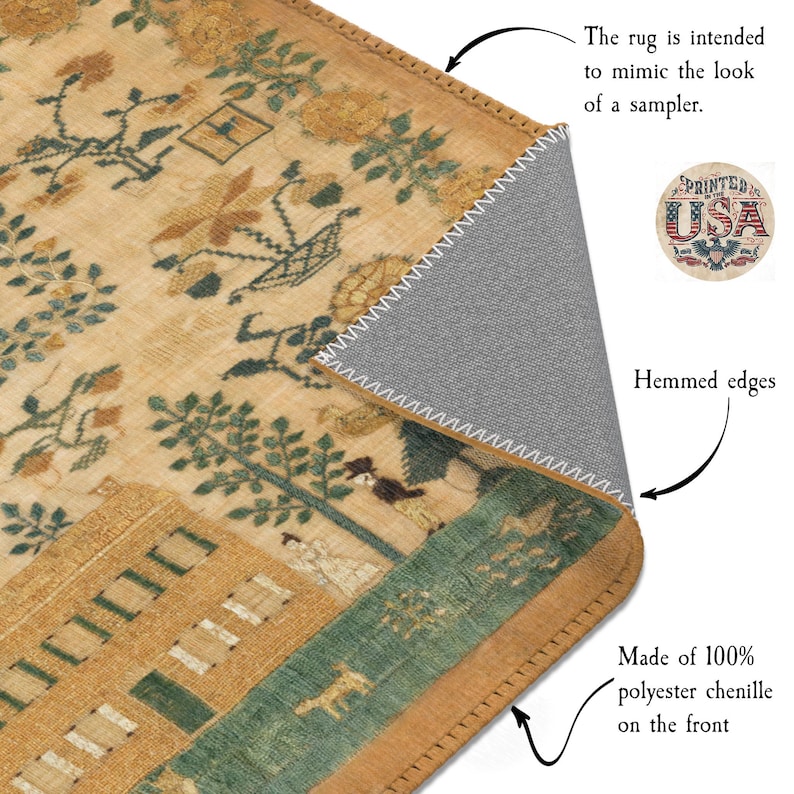 May include: A beige and green chenille rug with a sampler-style design. The rug has a hemmed edge and is made of 100% polyester chenille. The rug is printed in the USA.