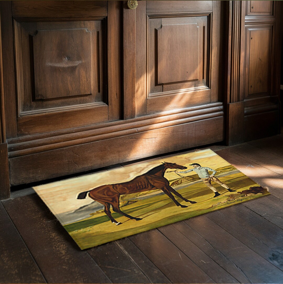 Floor Rug of Champion Racehorse With Jockey, Antique English ...