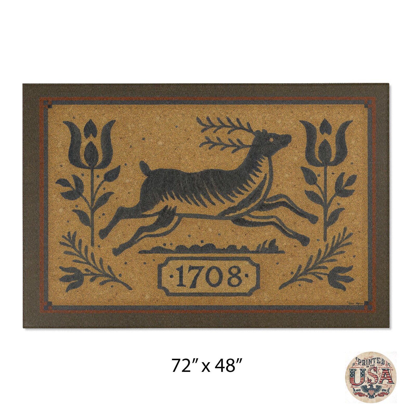 1708 Leaping Stag Primitive Rug - Rustic Colonial Deer, Folk Art, Early ...