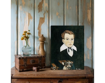 19th Century Portrait - Boy Holding Dog, Americana Folk Art, Primitive Print, Home Decor, Vintage Painting, Antique Colonial Wall Art