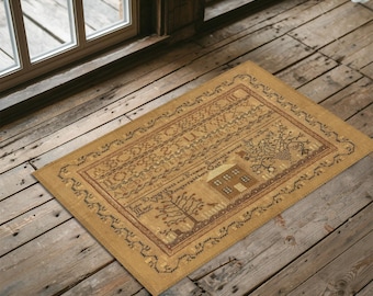 Volkskunst koloniaal huis met tapijt van alfabetmonsters - primitief, woondecoratie, antieke vloermat, vroeg-Amerikaans, erfstuk textiel, reproductie