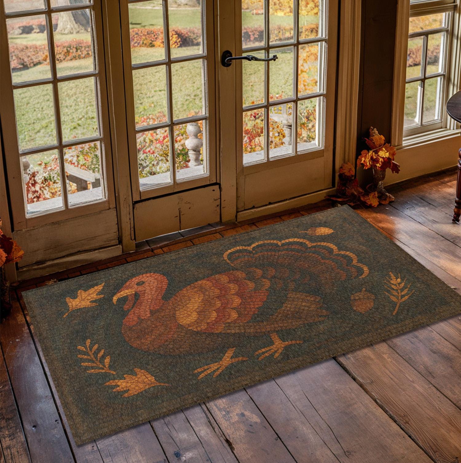 Turkey Cow Rug Primitive Thanksgiving Turkey Rug - Colonial Folk Art for Autumn ...