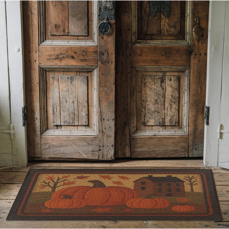 May include: Rectangular doormat featuring a fall harvest scene. The mat displays a large orange pumpkin, smaller pumpkins, a brown house, and trees with falling leaves. The border is a dark brown color. The mat is placed in front of a rustic wooden door.
