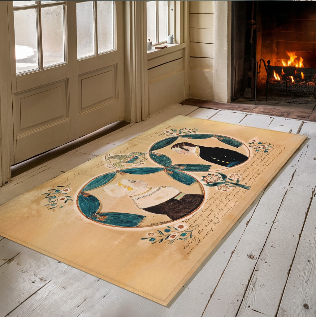 Vintage 19th Century Folk Art Couple Floor Rug - Primitive Textile, Handmade Home Decor, Farmhouse Chic, Antique Decor, Timeless Heirloom