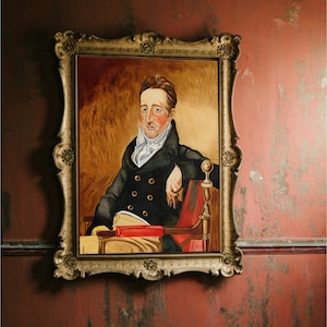 May include: A framed oil painting of a man in a black coat and white cravat, sitting in a red chair with a book in his lap. The painting is set against a gold background.