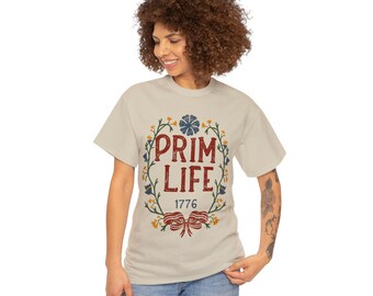 Prim Life Heavy Cotton Tee,  Casual T-shirt top, Vintage-inspired, Graphic shirt, Antique clothing, Primitive apparel, Colonial design
