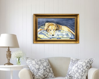 Väggkonst med gyllengul labrador retriever, hundtryck, bondgårdsdekor, rustik djurkonst, hundporträtt, handgjord heminredning