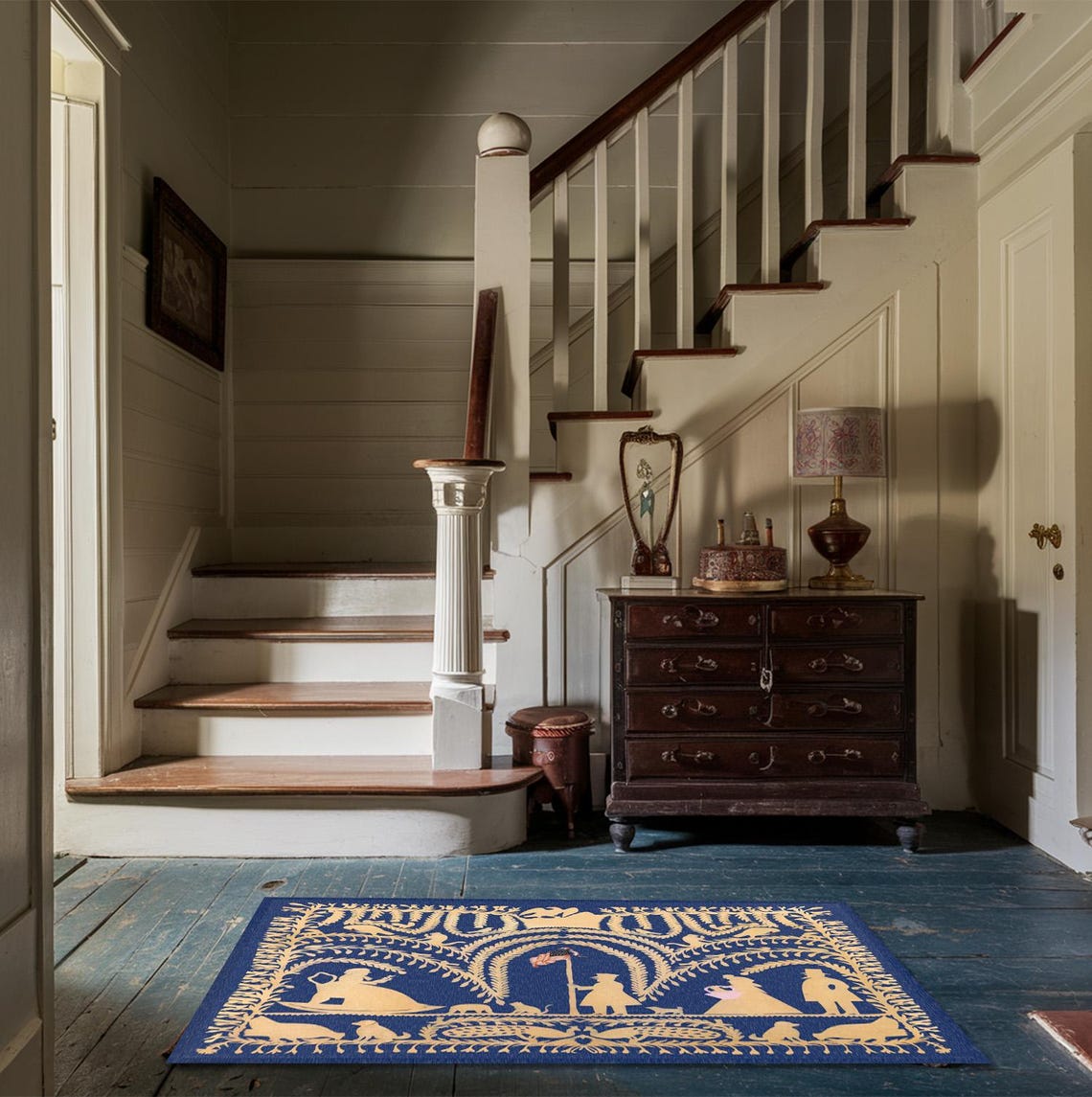 German Traditional Rug Traditional German American Blue Cutwork Rug - 19th Century Folk Art ...