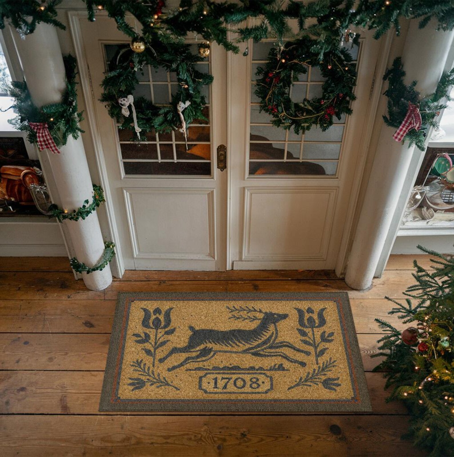 1708 Leaping Stag Primitive Rug - Rustic Colonial Deer, Folk Art, Early ...