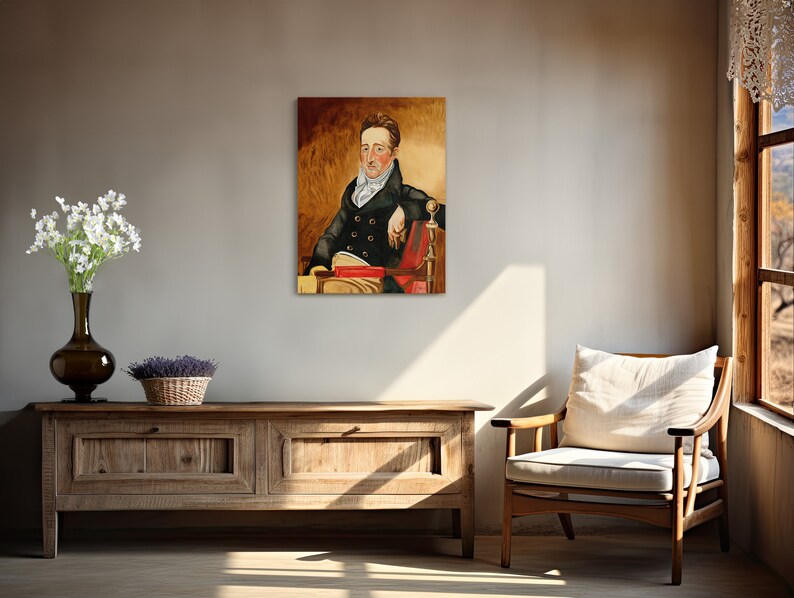 May include: A painting of a man in a dark blue coat with a white collar and a red scarf. He is sitting in a chair with his right hand resting on the armrest. The background is a yellow-brown color.