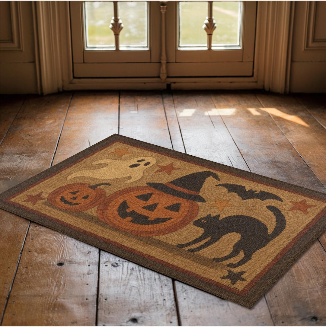 Folk Art Halloween Rug - Primitive Halloween, Black Cat Decor, Colonial ...