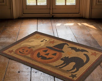 Folk Art Halloween Rug - Primitive Halloween, Black Cat Decor, Colonial Floor Mat, Early American, Whimsical Holiday, Seasonal Cozy Decor