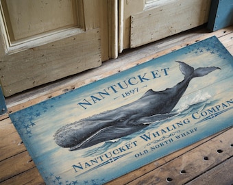 Nantucket Whaling Rug - Vintage Nautical, Folk Art, Home Decor, Antique Floor Mat, Early American, Heirloom Textile, Primitive Homespun
