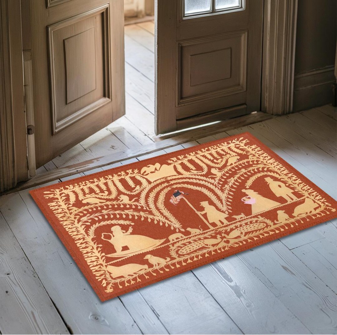 German Traditional Rug Traditional German American Pumpkin Orange Cutwork Rug - 19th Century ...
