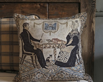 Colonial Americana Couple Woven Pillow - Vintage Americana, Early Primitive Folk Art Throw Pillow
