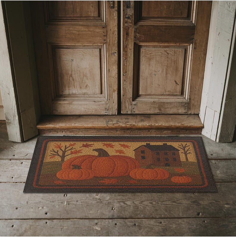 May include: A rectangular doormat featuring a fall harvest theme. The mat displays three orange pumpkins, a house, and a tree against a tan background. The border is dark brown. The mat is placed in front of a wooden door.