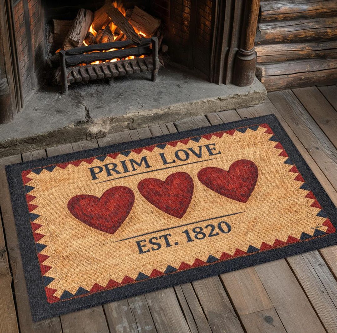 Valentine Rug Primitive Valentine Rug With Three Hearts - Rustic Americana Decor - Etsy