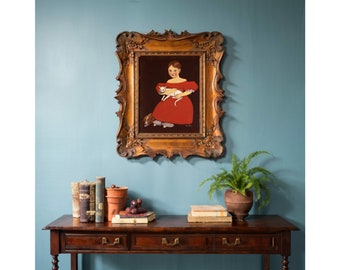 Primitive Folk Art  - Girl in Red Dress with Cat and Dog, Colonial Antique, Primitive Print, Canvas Decor, Vintage Painting, Rural Americana