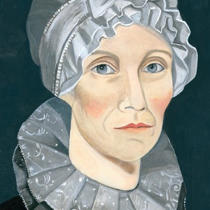 Op de afbeelding: Een portret van een vrouw die een witte kantmuts en een witte kanten kraag draagt. De vrouw heeft een serieuze uitdrukking op haar gezicht en haar ogen kijken rechtstreeks naar de kijker.