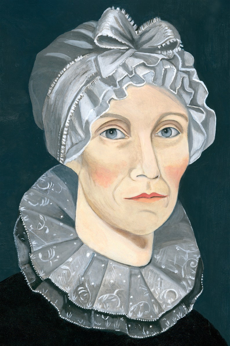 Op de afbeelding: Een portret van een vrouw die een witte kantmuts en een witte kanten kraag draagt. De vrouw heeft een serieuze uitdrukking op haar gezicht en haar ogen kijken rechtstreeks naar de kijker.