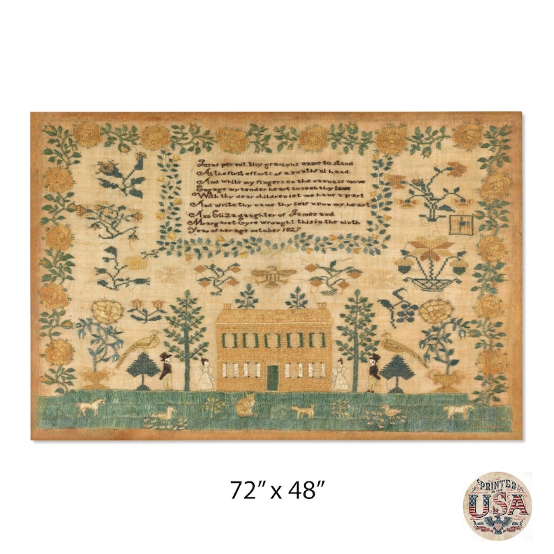 May include: An antique sampler with a poem embroidered in brown thread on a cream background. The sampler features a house, trees, birds, and flowers. The poem reads: "Jesus permit thy gracious name to stand Inscribed by efforts of a youthful hand And while my fingers on the canvas move Engage my reader to the truth I love With thy dear children let us join to pray And write the wonders of thy glorious way An Eliza daughter of James and Margaret Dyer wrought this the ninth Year of her age October 1823"