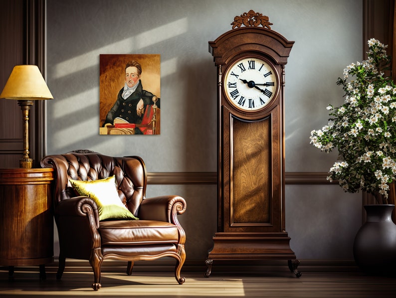 May include: A brown leather armchair with a green pillow sits in a room with a tall wooden grandfather clock and a painting of a man in a black coat. The clock has a white face with black Roman numerals and hands.